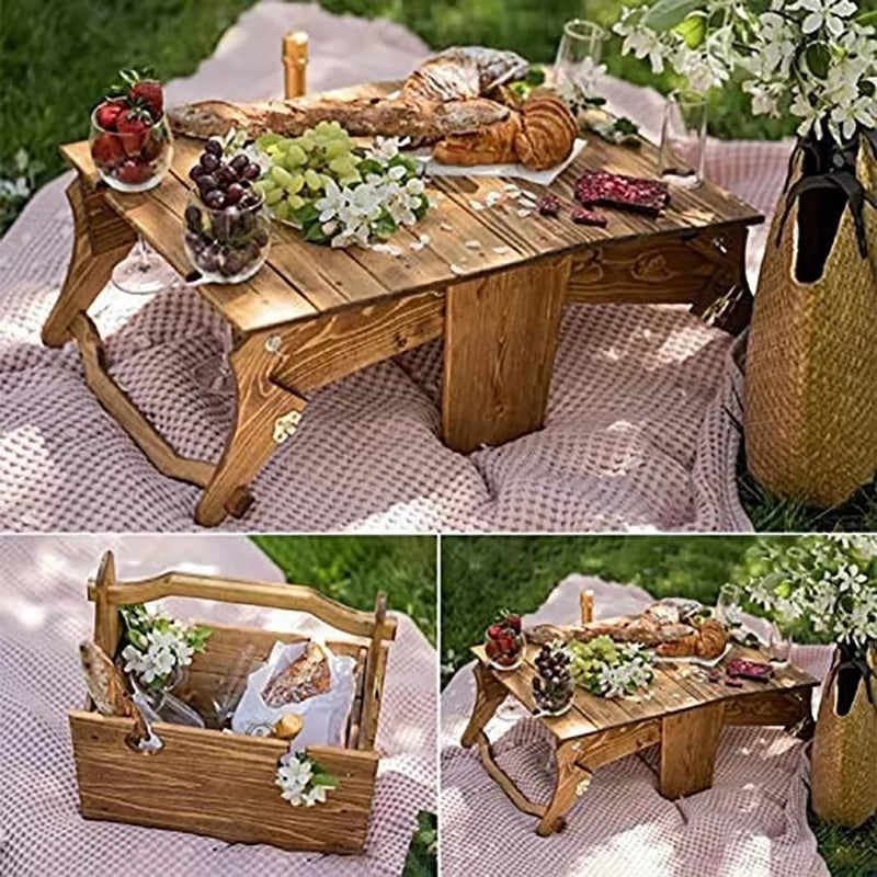 Outdoor Picnic Folding Table 2In1 Multifunctional Wood Desk Storage Basket Portable Snack Wine Basket Beach Couple Camping Party