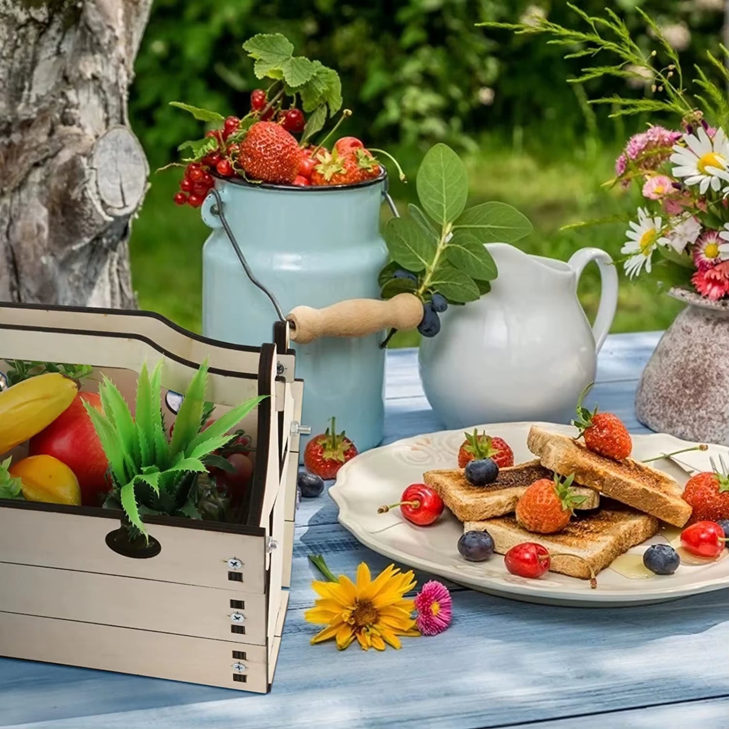 Outdoor Picnic Folding Table 2In1 Multifunctional Wood Desk Storage Basket Portable Snack Wine Basket Beach Couple Camping Party