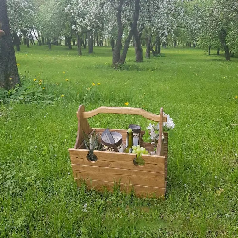 Outdoor Picnic Folding Table 2In1 Multifunctional Wood Desk Storage Basket Portable Snack Wine Basket Beach Couple Camping Party