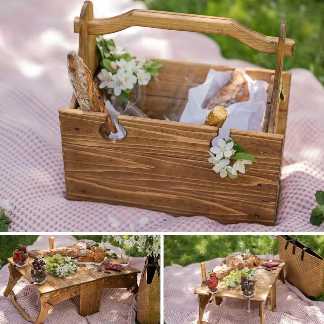 Outdoor Picnic Folding Table 2In1 Multifunctional Wood Desk Storage Basket Portable Snack Wine Basket Beach Couple Camping Party