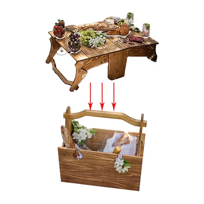 Outdoor Picnic Folding Table 2In1 Multifunctional Wood Desk Storage Basket Portable Snack Wine Basket Beach Couple Camping Party