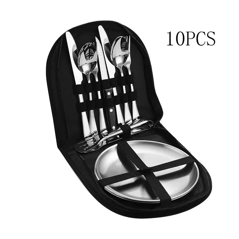 10/20Pcs Outdoor Camping Cutlery Organizer Utensil Picnic Portable Set Stainless Steel Plate Spoon Knife Fork Tongs Hiking