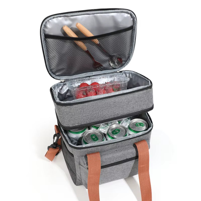 Multifunctional Double Layers Tote Cooler Lunch Bags for Women Men Large Capacity Travel Picnic Lunch Box with Shoulder Strap