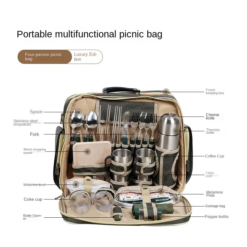 Luxury Picnic Basket with Cutlery - Large Capacity Outdoor Camping Storage Bag & Tackle Box for Multi-Tourist Dishes